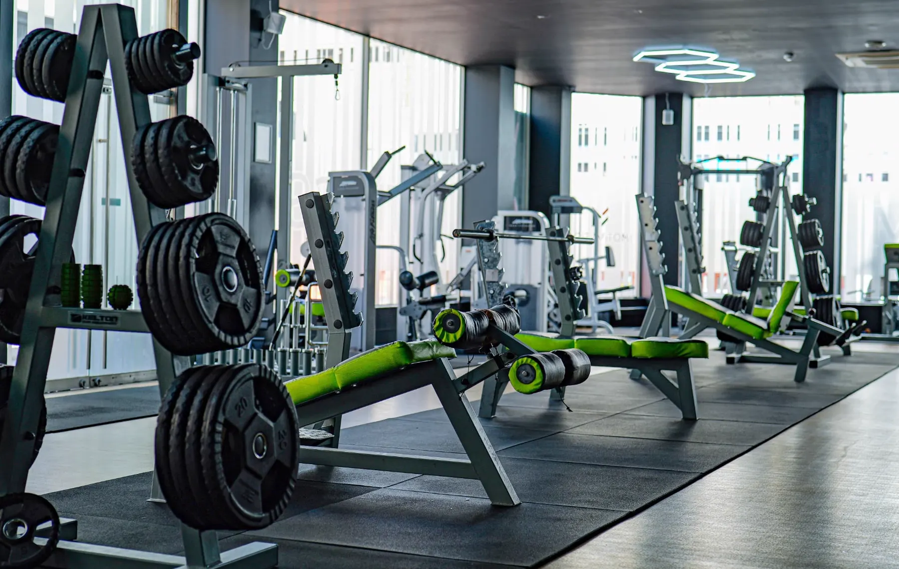 Free-weight zone with dumbbell racks and adjustable benches